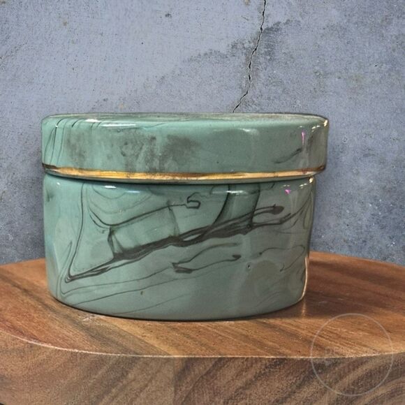 Mid Century Modern Style Green Marble Painted Porcelain Jewelry Box - Picture 6 of 6